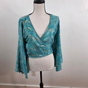 Silk Blend Paisley Wrap Top Womens S-L Teal Gold Metallic Bell Sleeve Boho Chic
